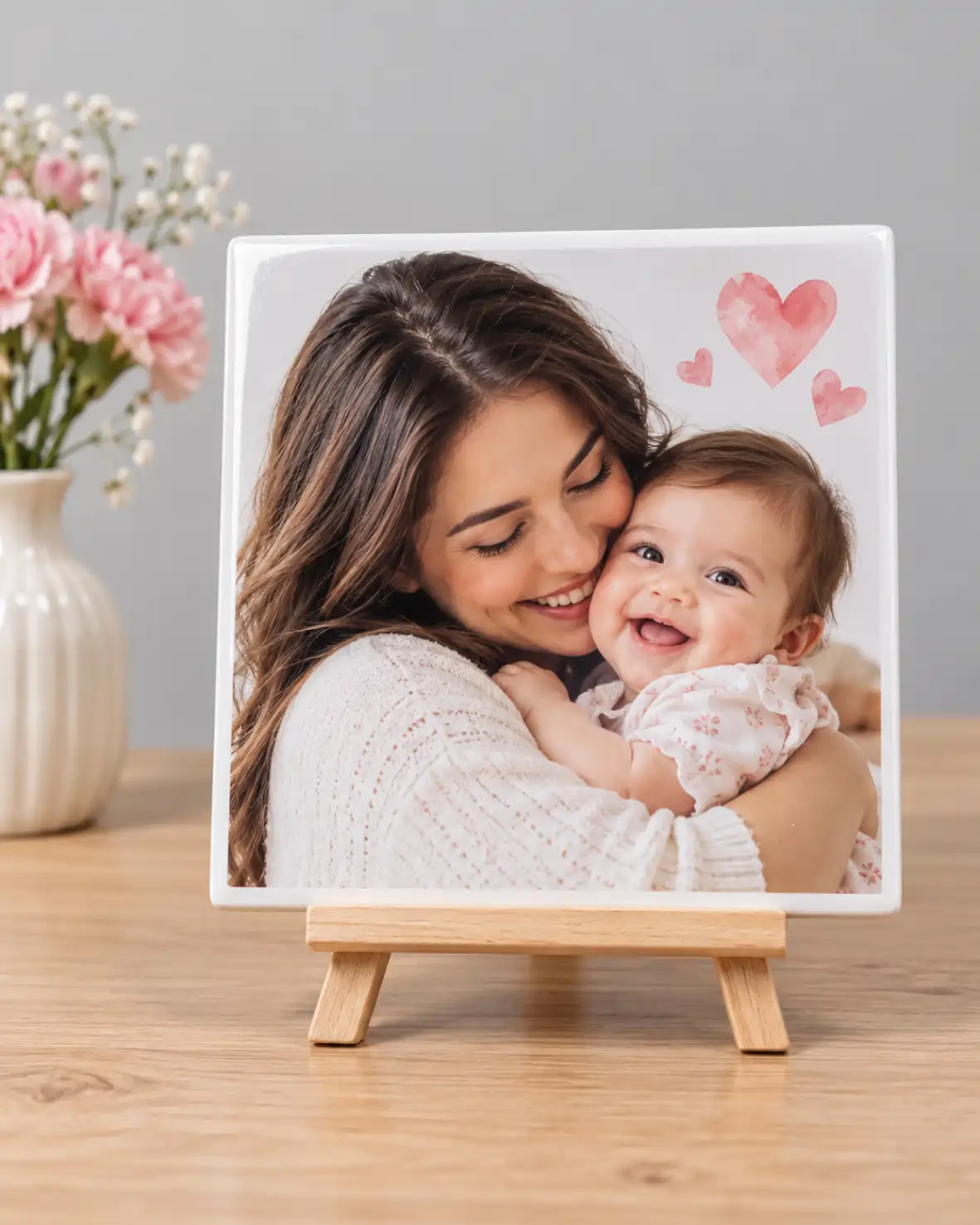 Azulejo personalizado com foto de mãe e bebê em suporte de madeira