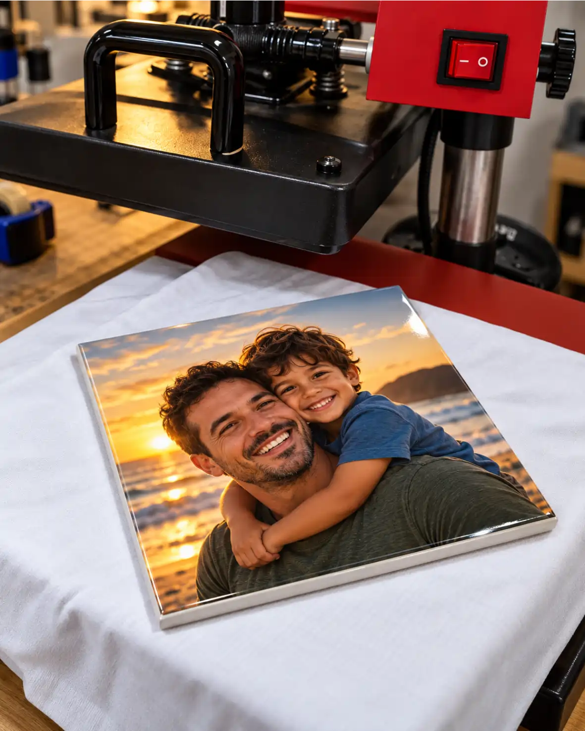 Prensa térmica estampando azulejo personalizado com foto por sublimação