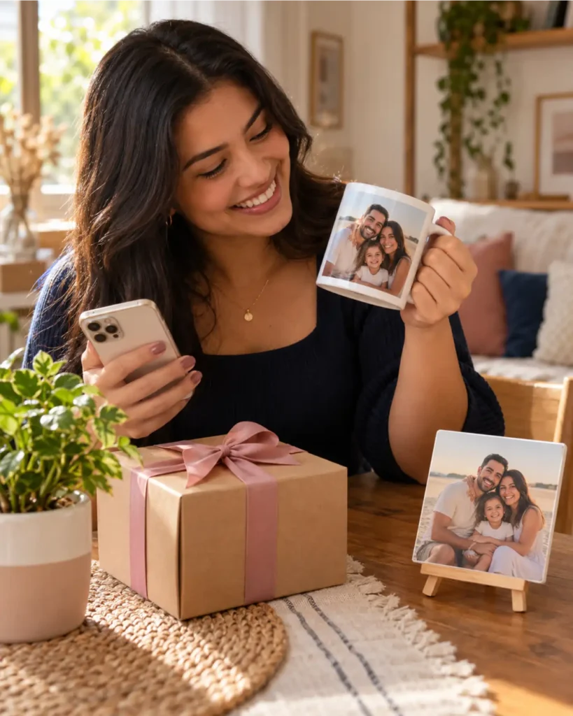 Cliente recebendo caneca personalizada com foto após pedir orçamento pelo WhatsApp
